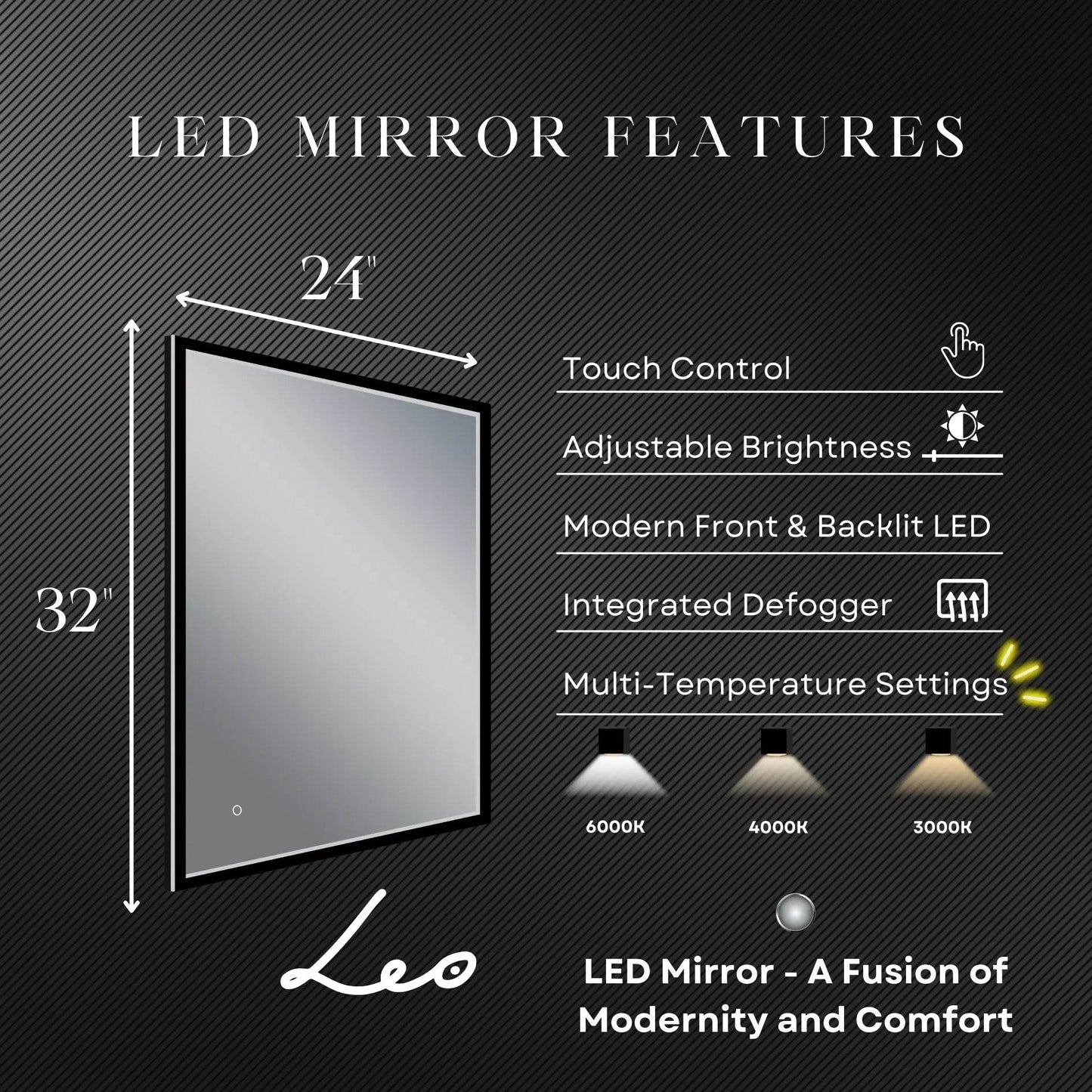 LEO Front & Backlit LED Lighted Mirror with Dimmer & Defogger - Available in 2 Sizes