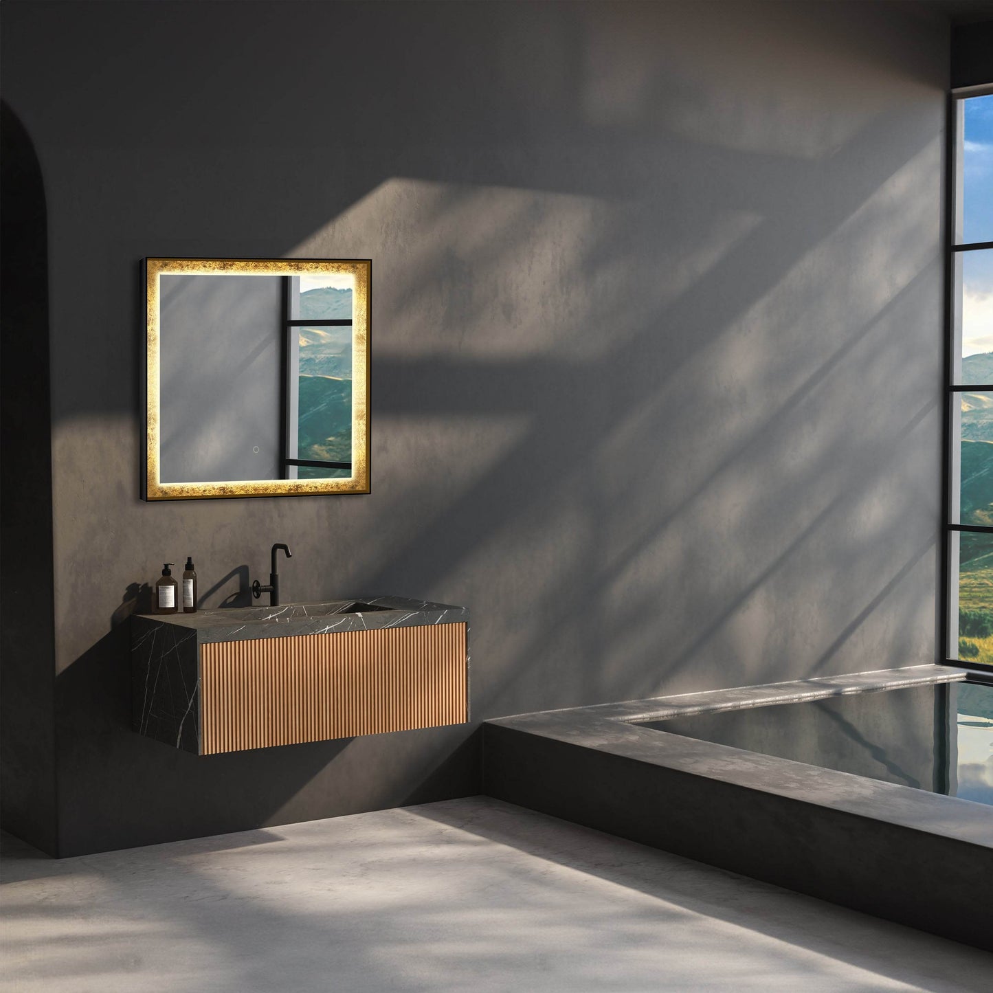 Natalya 32"W x 32"H Gold Rimmed LED Lighted Mirror with Gold Frosted Border