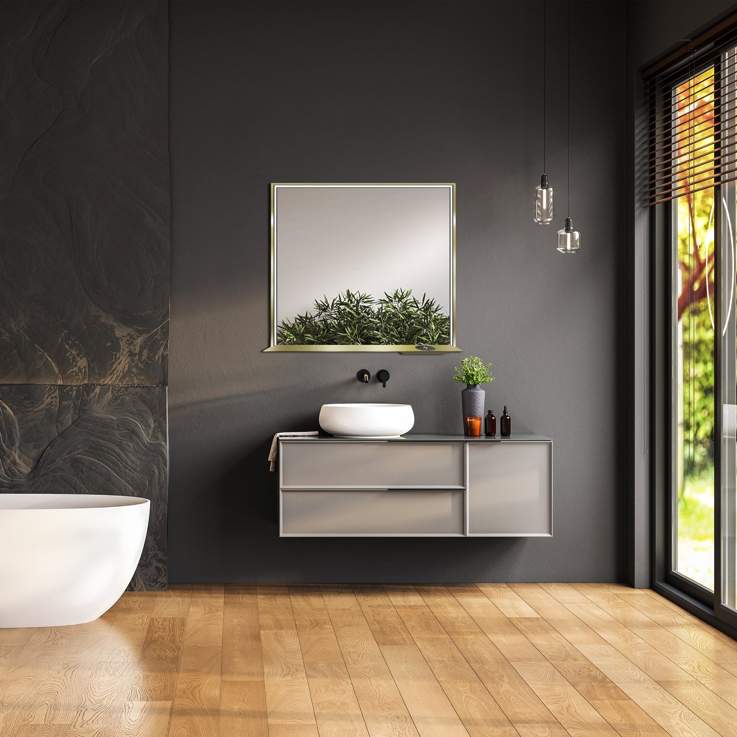 Allegra 36"W x 32"H Framed LED Mirror with Bluetooth Speaker and Wireless Cell Phone Charger - Available in 3 colors