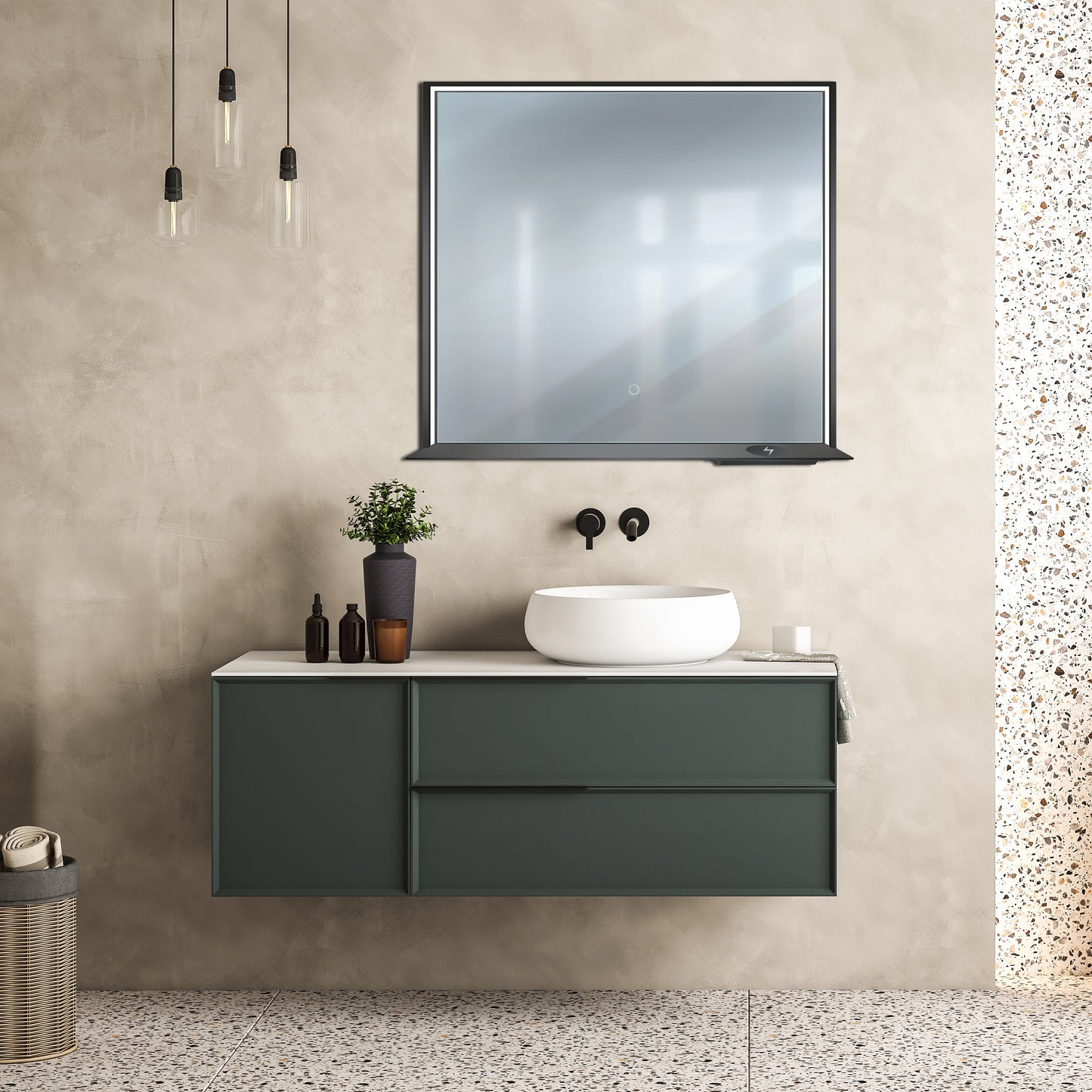 Allegra 36"W x 32"H Framed LED Mirror with Bluetooth Speaker and Wireless Cell Phone Charger - Available in 3 colors