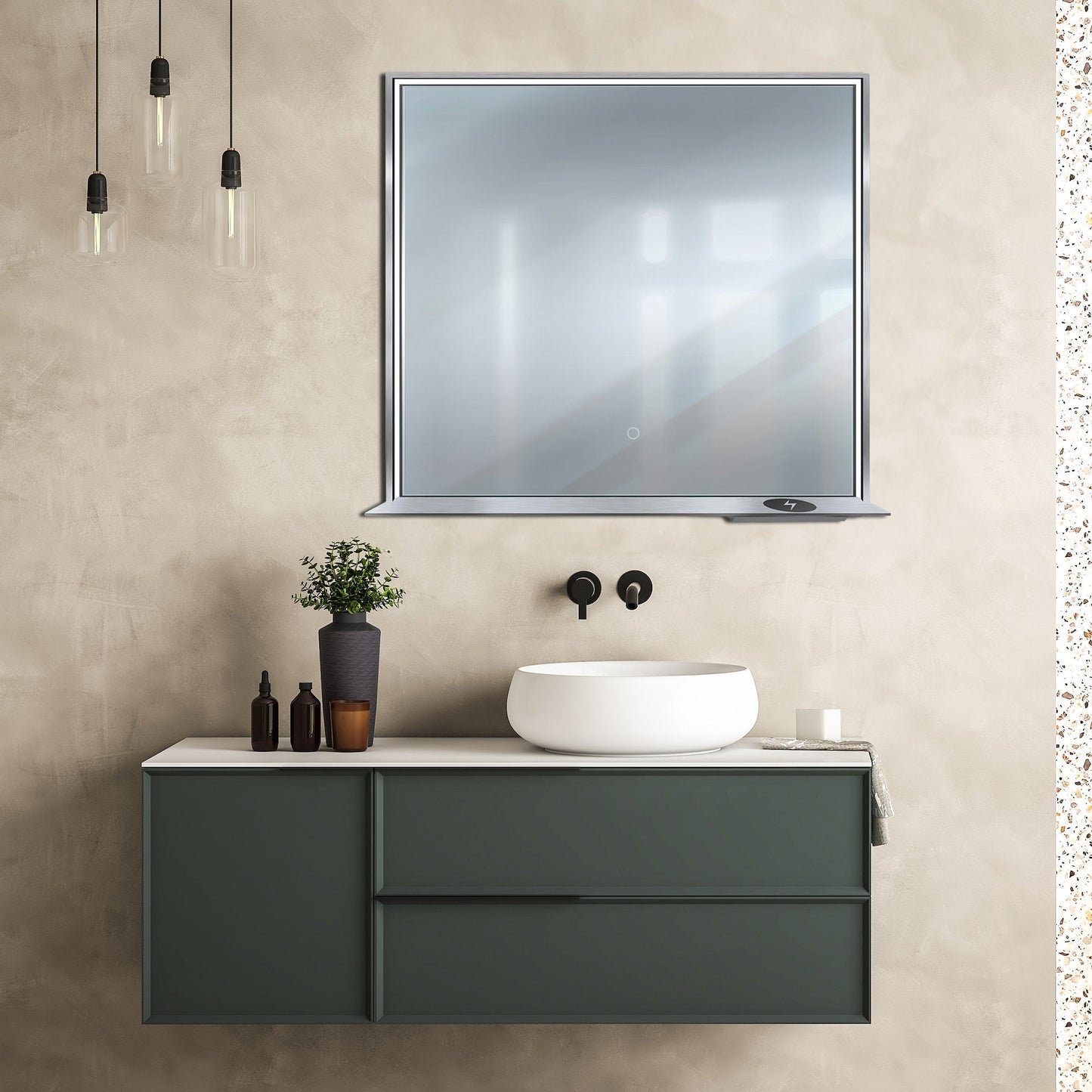 Allegra 36"W x 32"H Framed LED Mirror with Bluetooth Speaker and Wireless Cell Phone Charger - Available in 3 colors