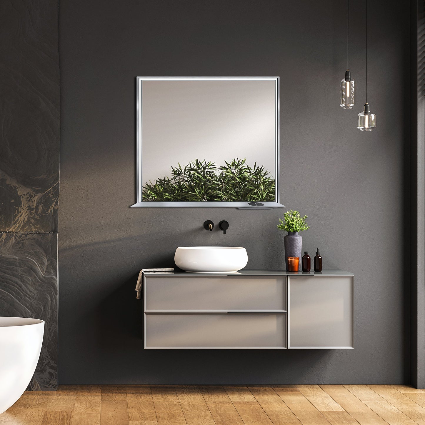 Allegra 36"W x 32"H Framed LED Mirror with Bluetooth Speaker and Wireless Cell Phone Charger - Available in 3 colors