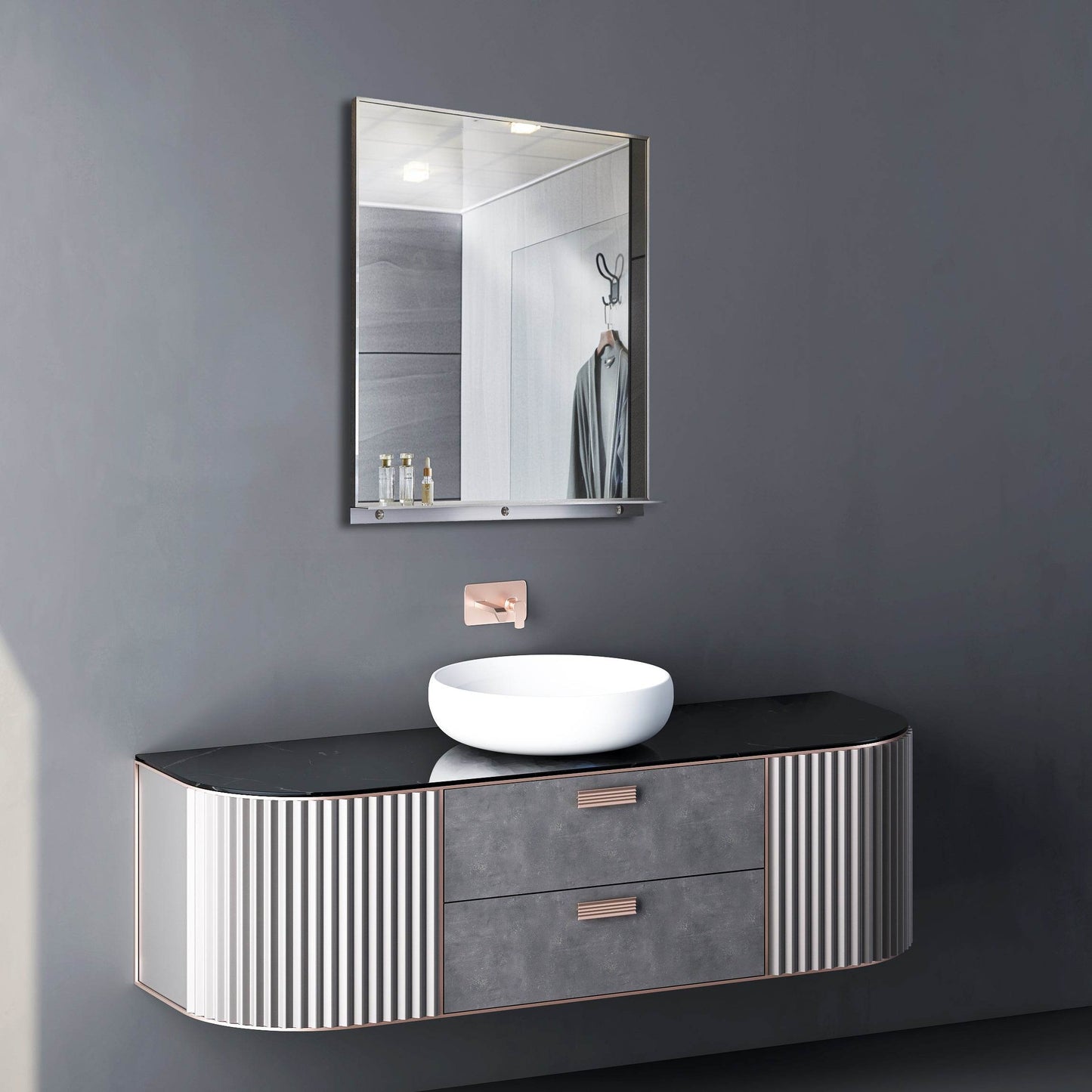 Lexi 24"W x 32"H Rectangular Framed Mirror with Integrated Shelf - in Black & Chrome