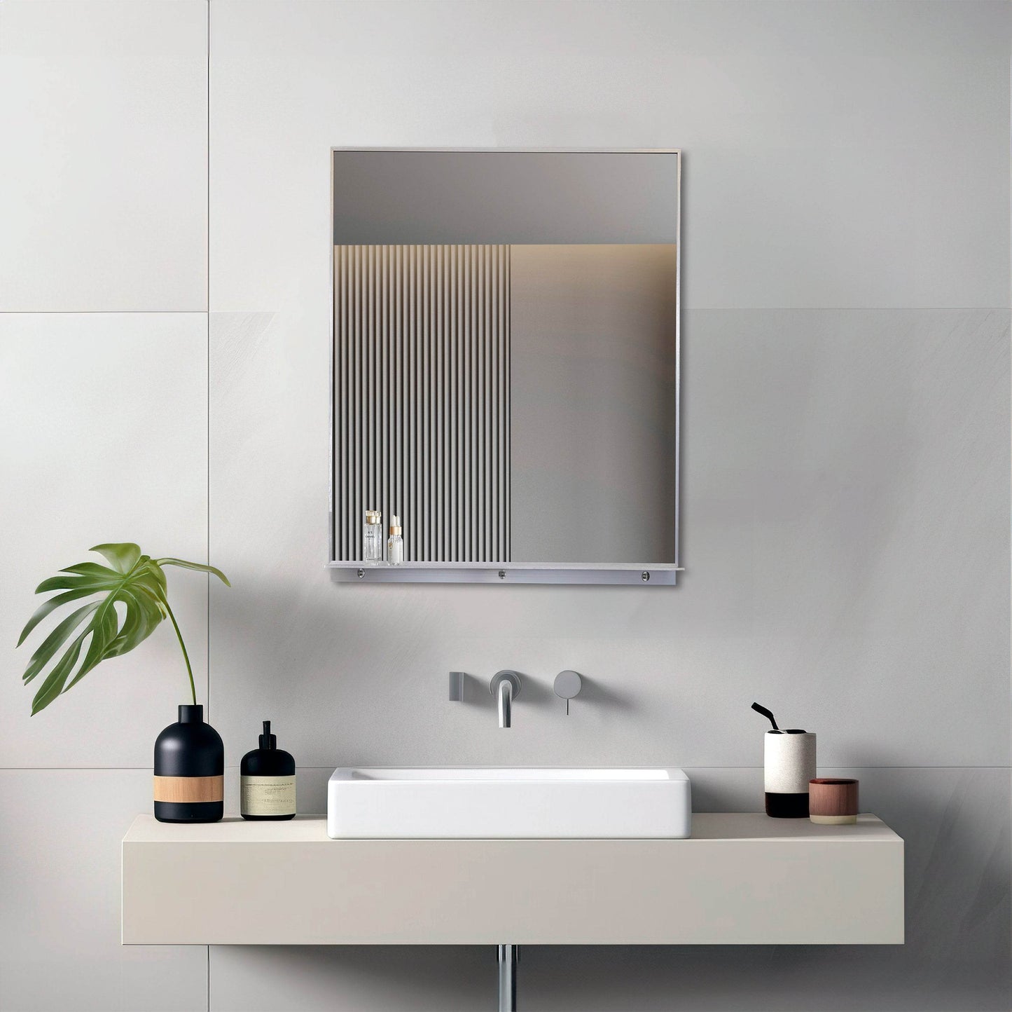 Lexi 24"W x 32"H Rectangular Framed Mirror with Integrated Shelf - in Black & Chrome