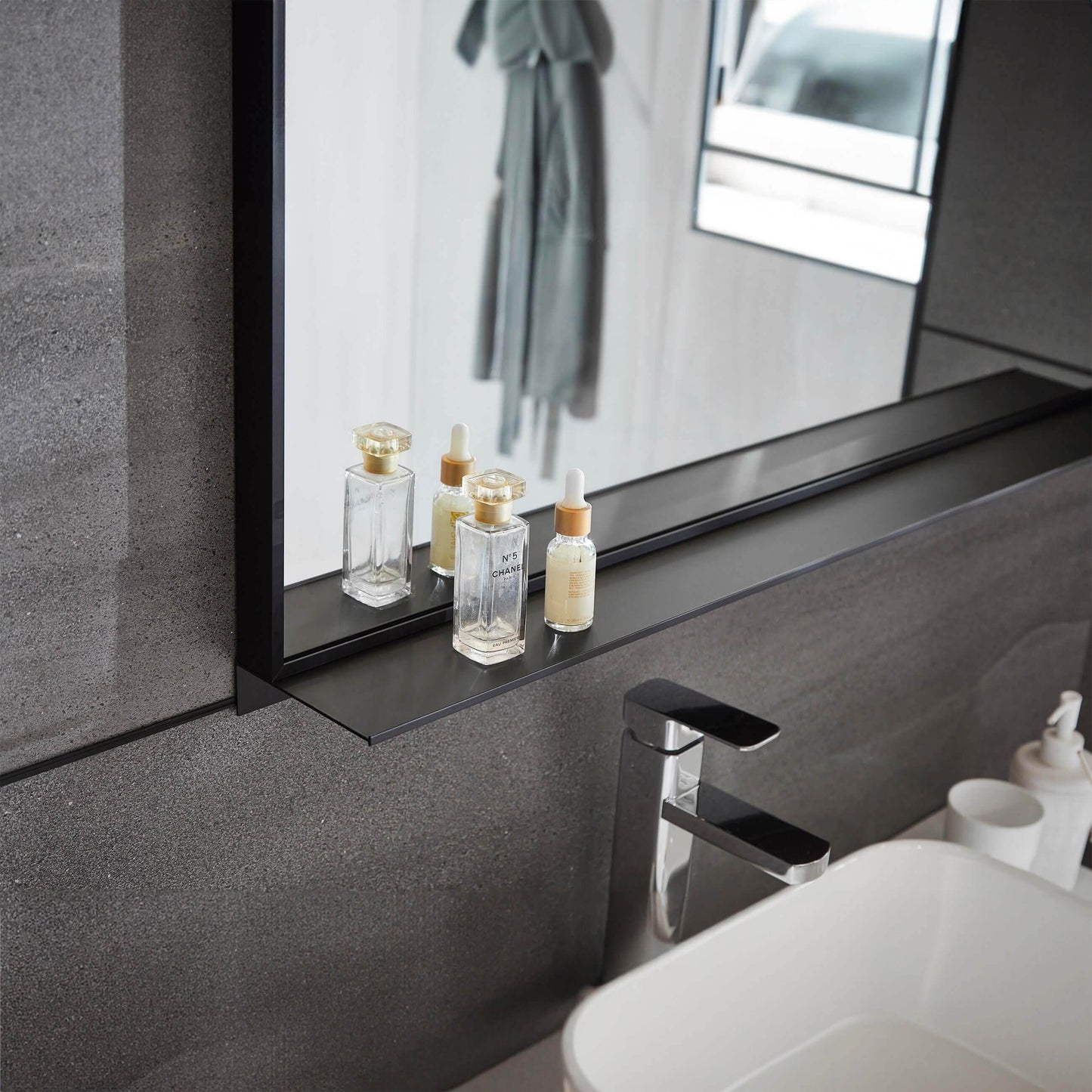 Lexi 24"W x 32"H Rectangular Framed Mirror with Integrated Shelf - in Black & Chrome