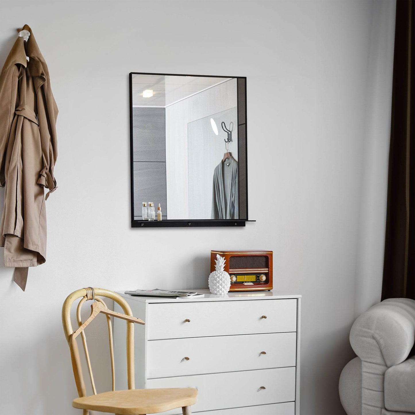 Lexi 24"W x 32"H Rectangular Framed Mirror with Integrated Shelf - in Black & Chrome