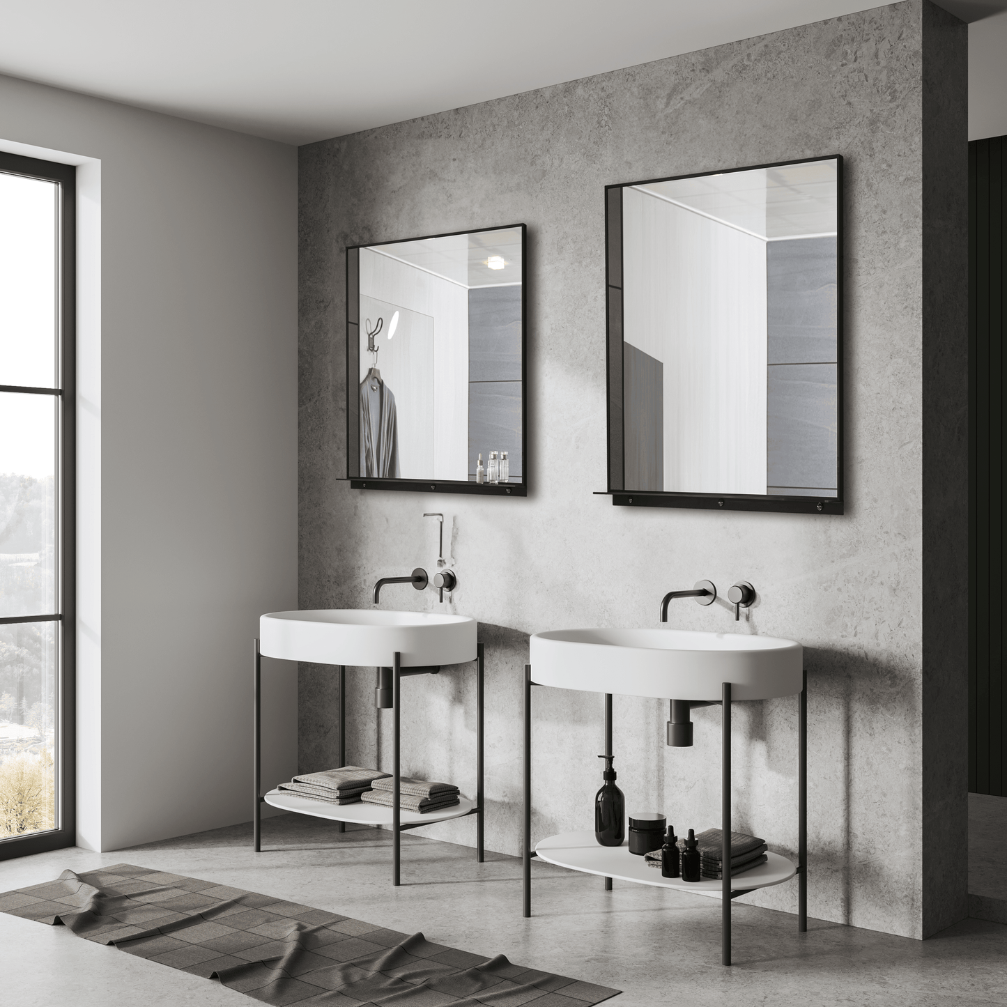 Lexi 24"W x 32"H Rectangular Framed Mirror with Integrated Shelf - in Black & Chrome