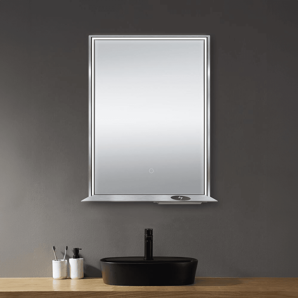 The Allegra 24" W x 32" H Framed LED Mirror with Bluetooth Speaker and Wireless Cell Phone Charger; Available in 3 colors