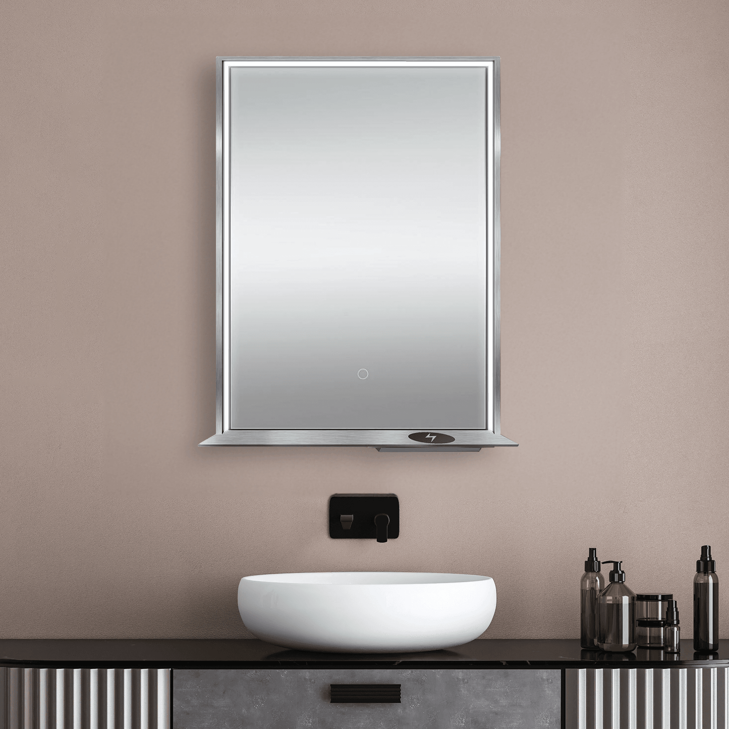 The Allegra 24" W x 32" H Framed LED Mirror with Bluetooth Speaker and Wireless Cell Phone Charger; Available in 3 colors
