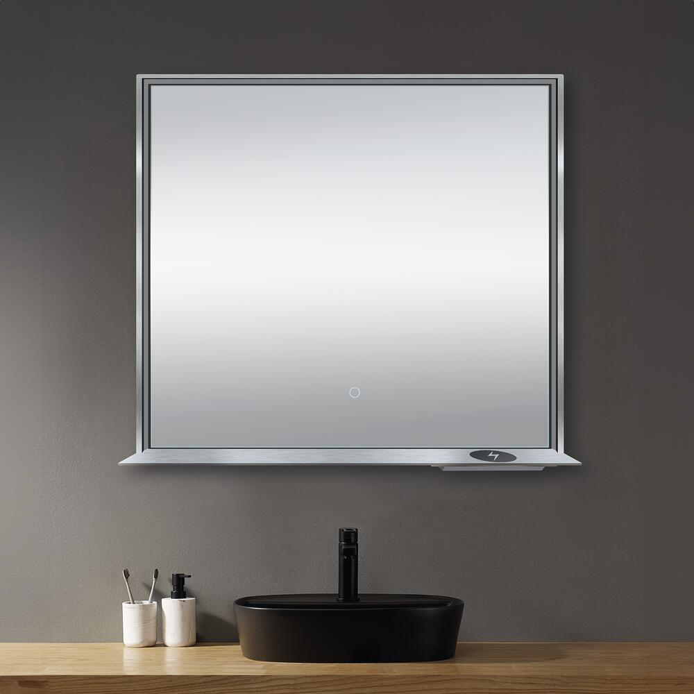 Allegra 36"W x 32"H Framed LED Mirror with Bluetooth Speaker and Wireless Cell Phone Charger - Available in 3 colors