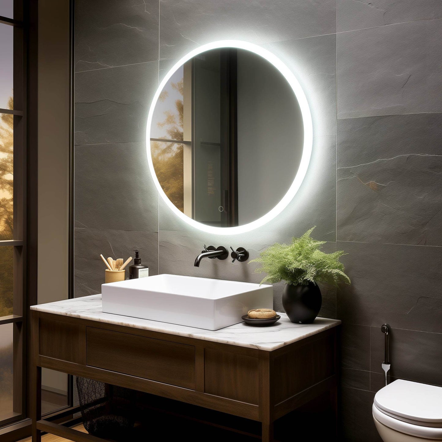 Onyx Round Frameless LED Mirror with Defogger and Integrated Touch Switch - Available in 2 Sizes