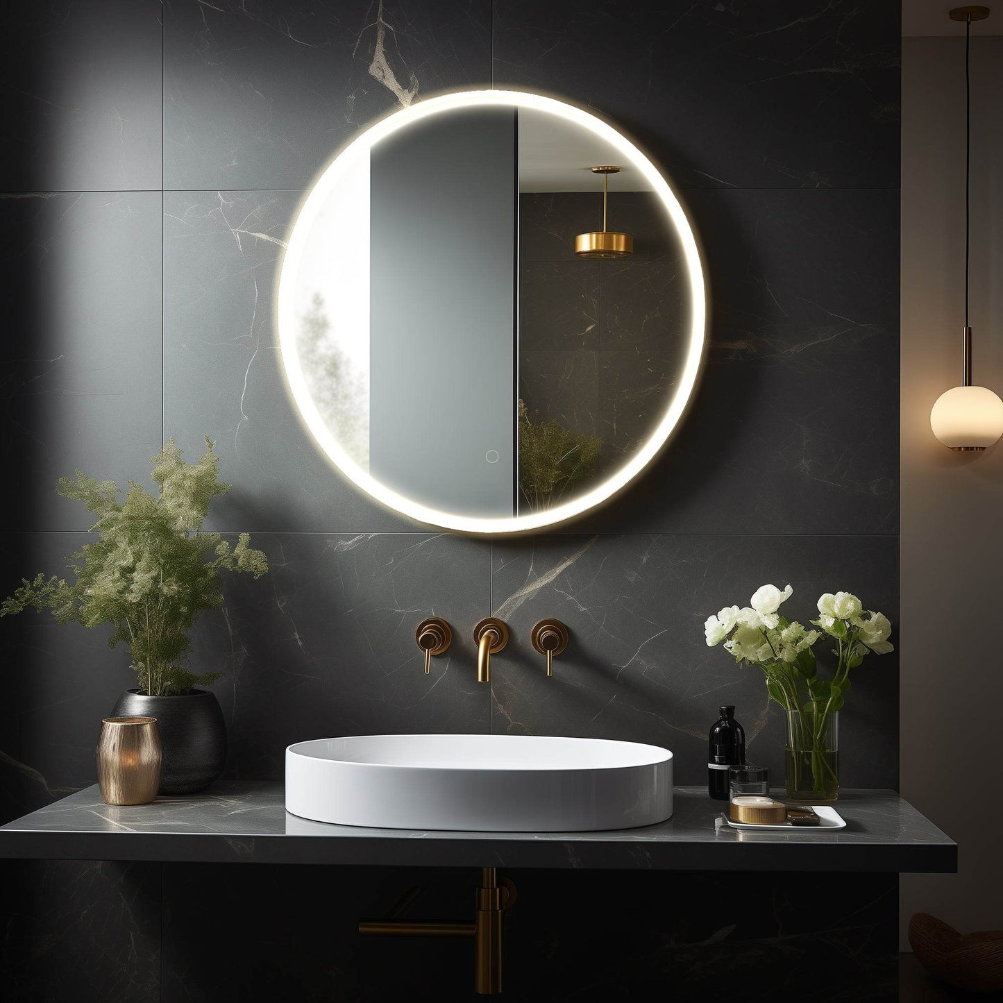 Onyx Round Frameless LED Mirror with Defogger and Integrated Touch Switch - Available in 2 Sizes
