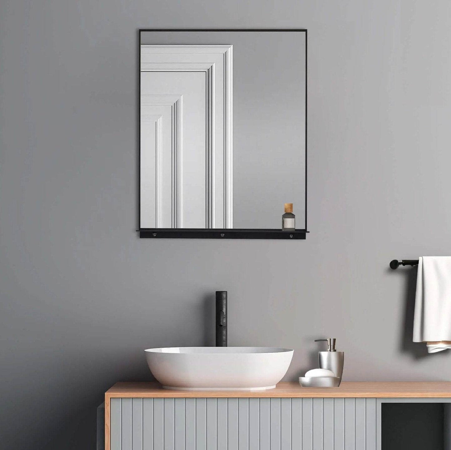 Lexi 24"W x 32"H Rectangular Framed Mirror with Integrated Shelf in Matte Black