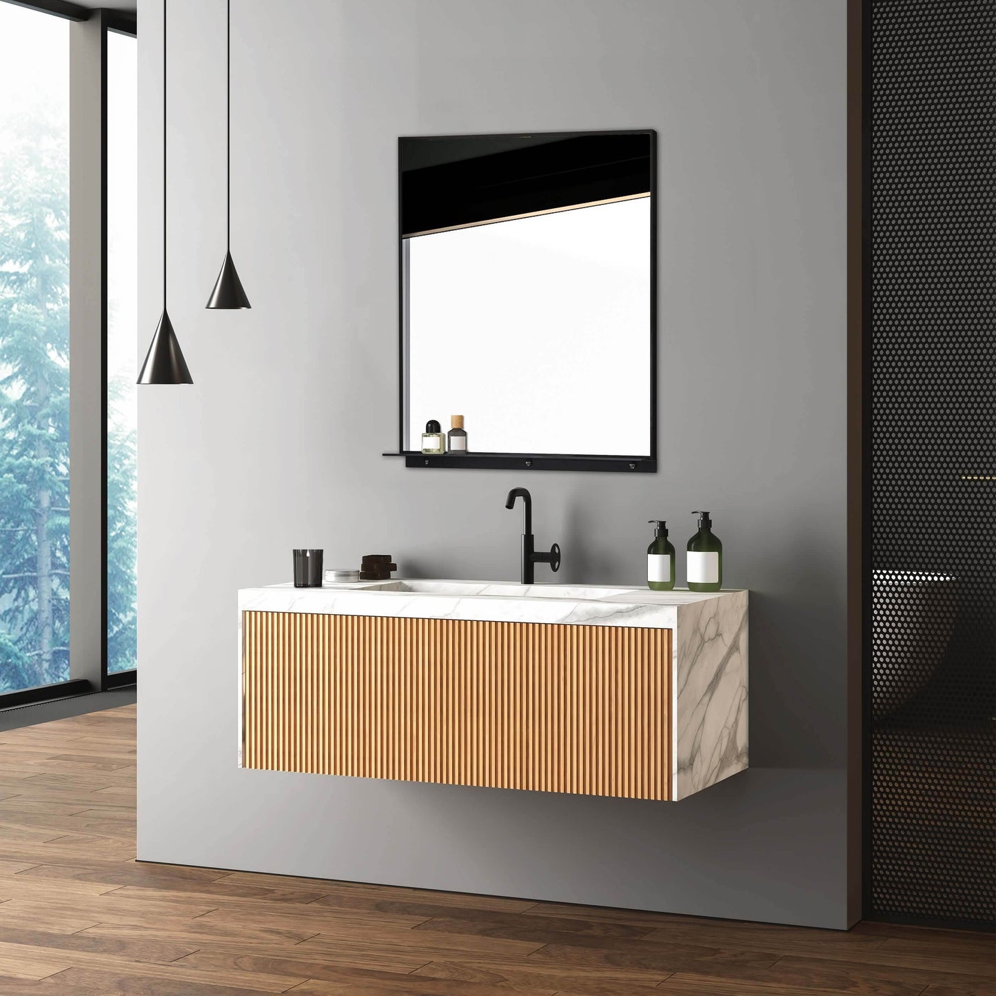 Lexi 24"W x 32"H Rectangular Framed Mirror with Integrated Shelf - in Black & Chrome