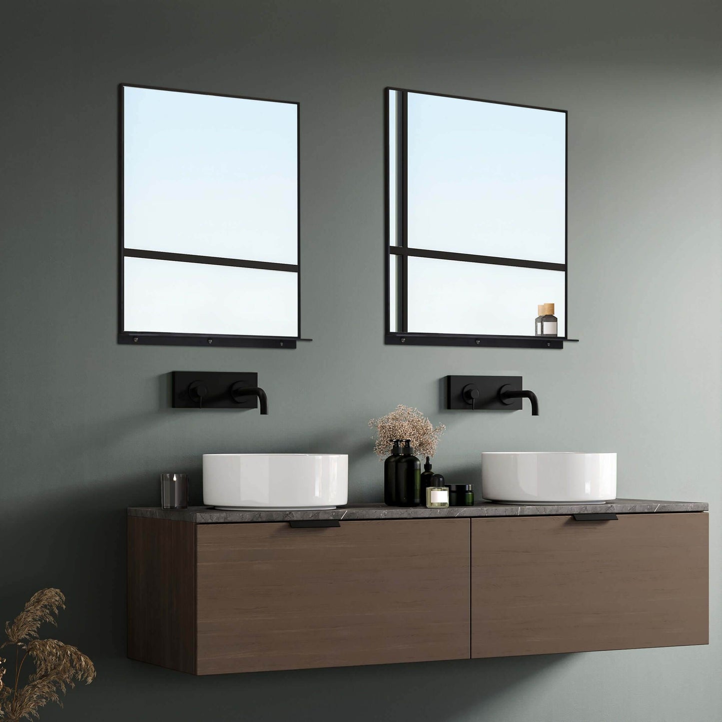 Lexi 24"W x 32"H Rectangular Framed Mirror with Integrated Shelf in Matte Black
