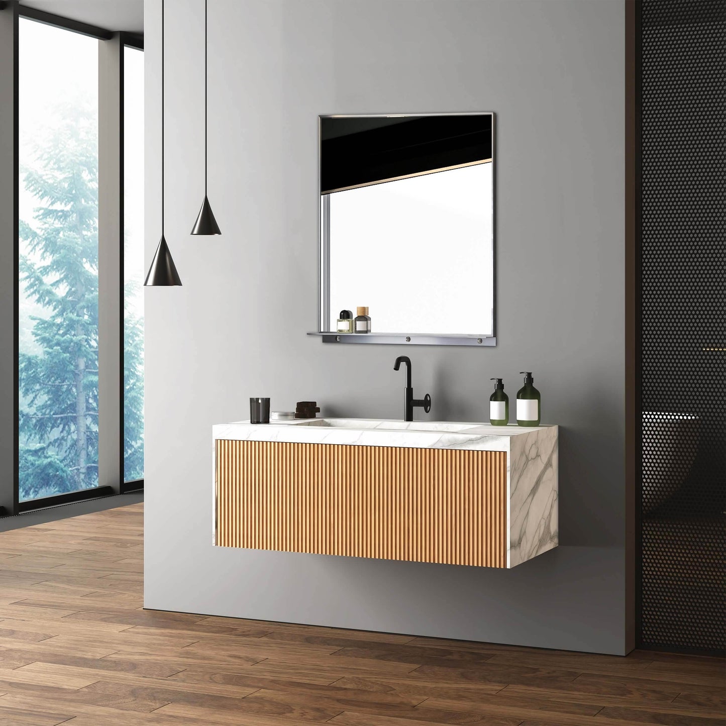 Lexi 24"W x 32"H Rectangular Framed Mirror with Integrated Shelf in Brushed Nickel