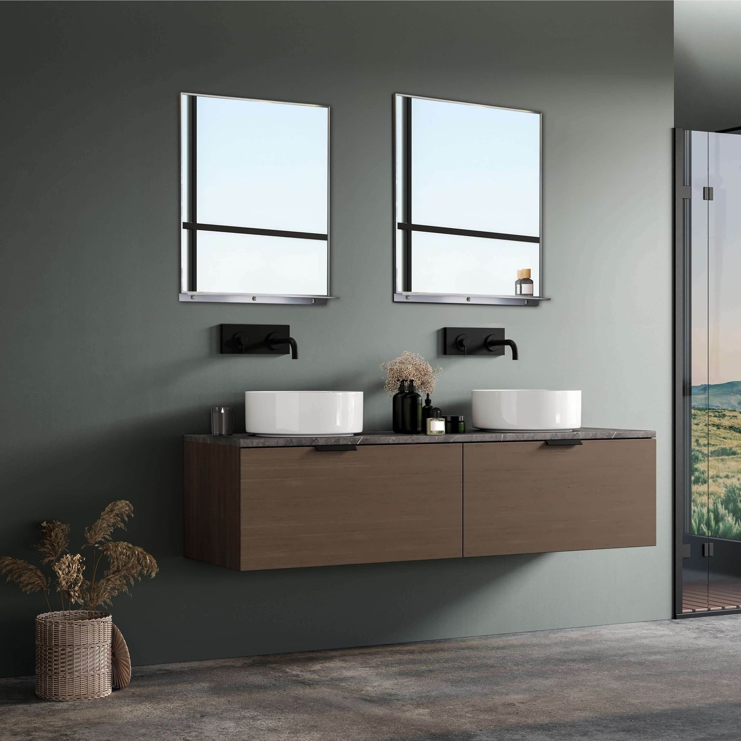 Lexi 24"W x 32"H Rectangular Framed Mirror with Integrated Shelf in Brushed Nickel