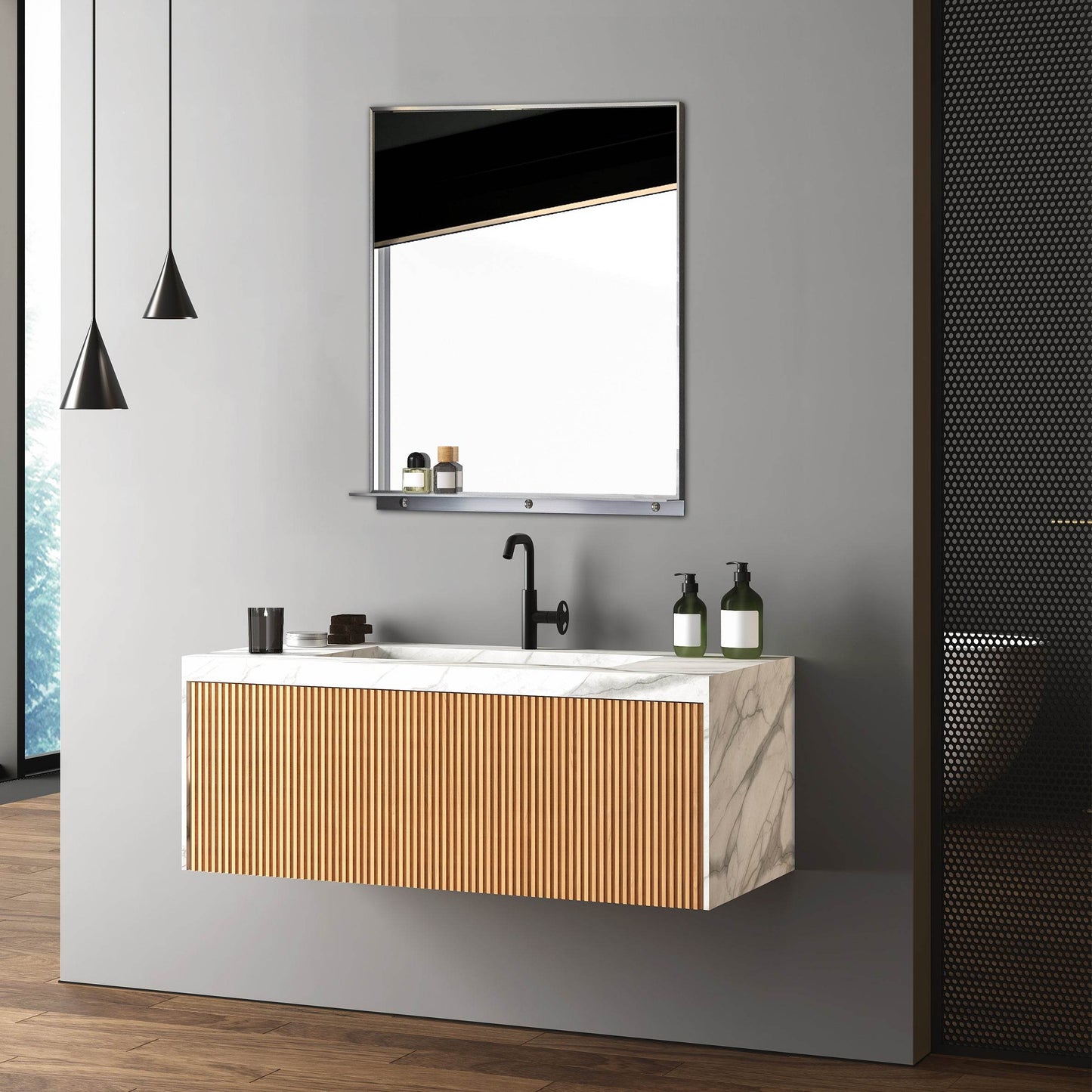 Lexi 24"W x 32"H Rectangular Framed Mirror with Integrated Shelf - in Black & Chrome