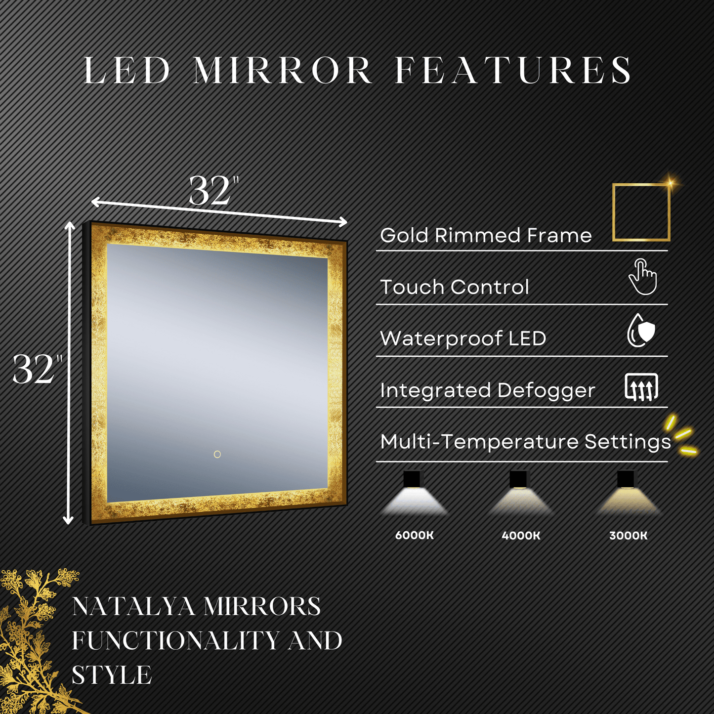 Natalya 32"W x 32"H Gold Rimmed LED Lighted Mirror with Gold Frosted Border