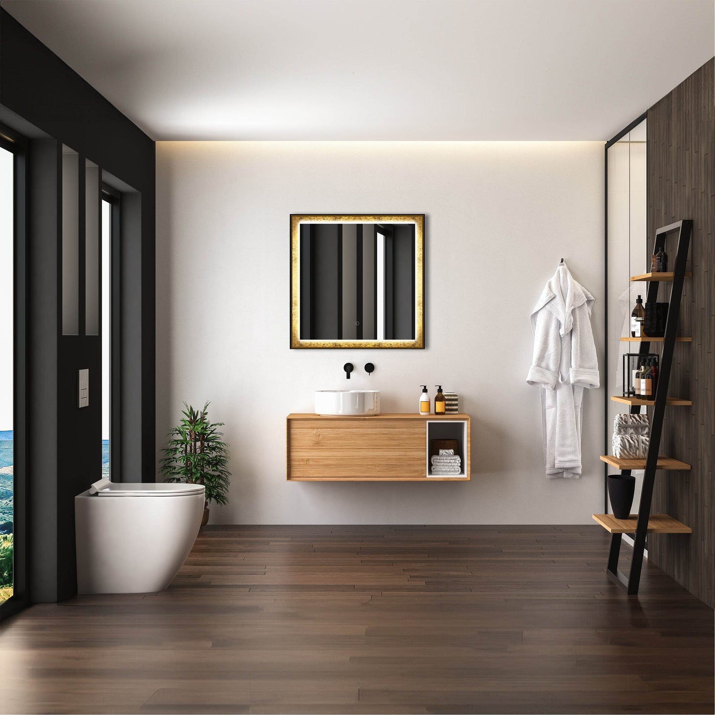 Natalya 32"W x 32"H Gold Rimmed LED Lighted Mirror with Gold Frosted Border