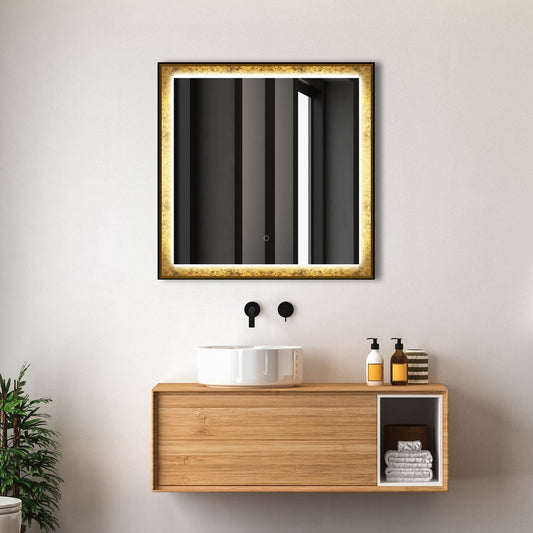 Natalya 32"W x 32"H Gold Rimmed LED Lighted Mirror with Gold Frosted Border