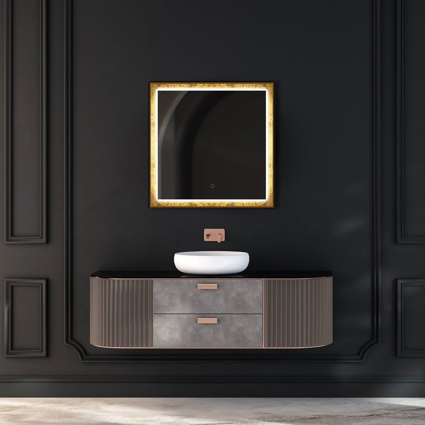 Natalya 32"W x 32"H Gold Rimmed LED Lighted Mirror with Gold Frosted Border