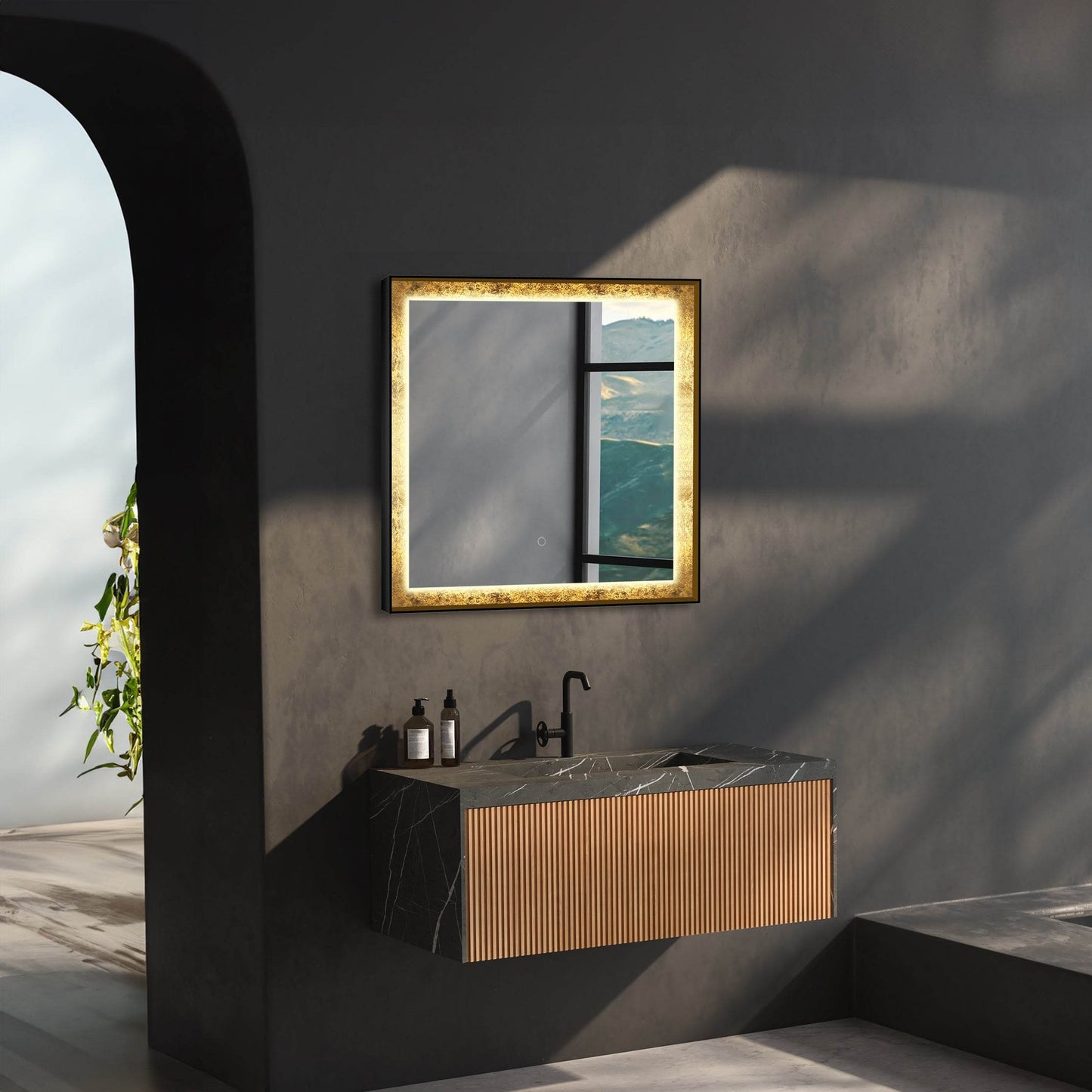 Natalya 32"W x 32"H Gold Rimmed LED Lighted Mirror with Gold Frosted Border