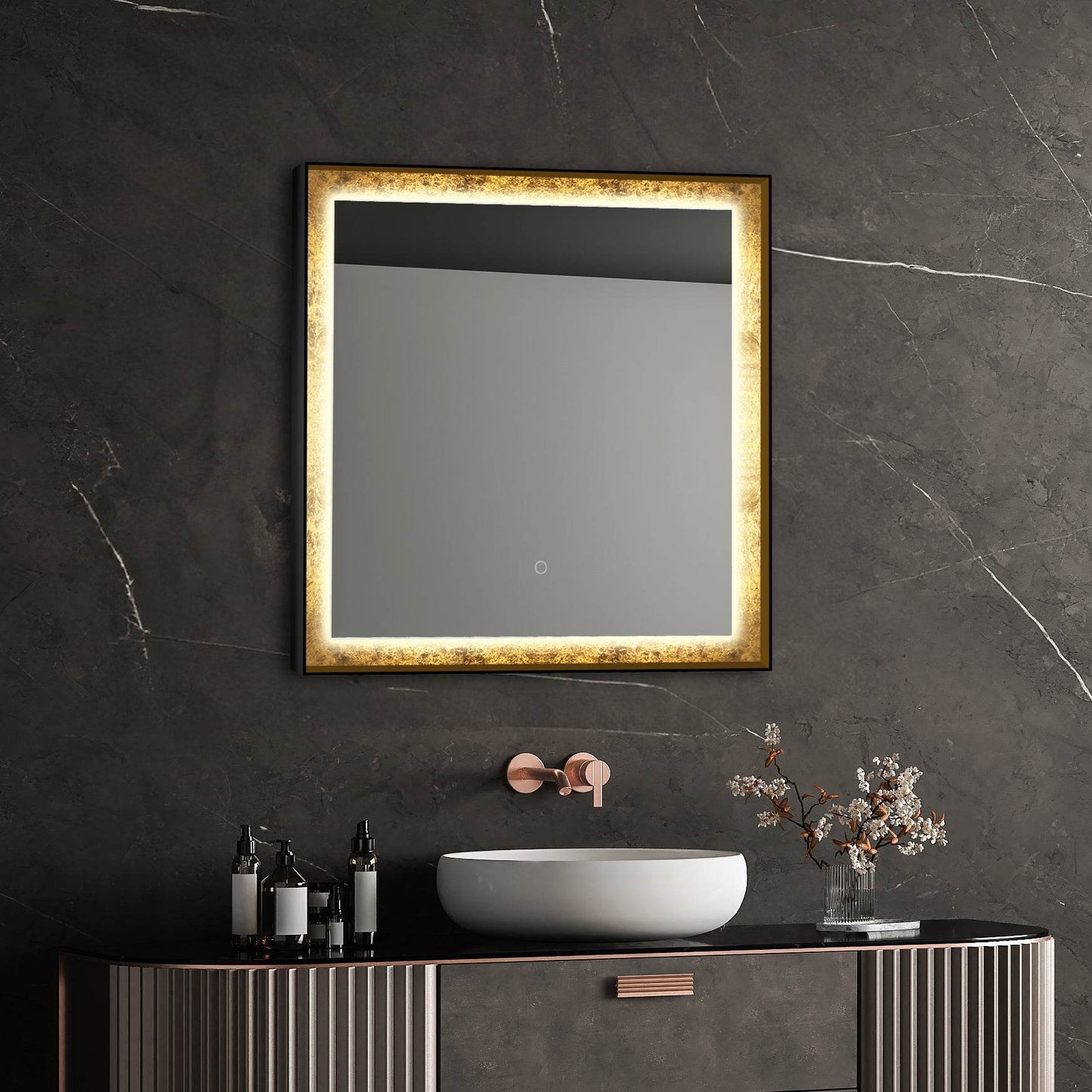 Natalya 32"W x 32"H Gold Rimmed LED Lighted Mirror with Gold Frosted Border