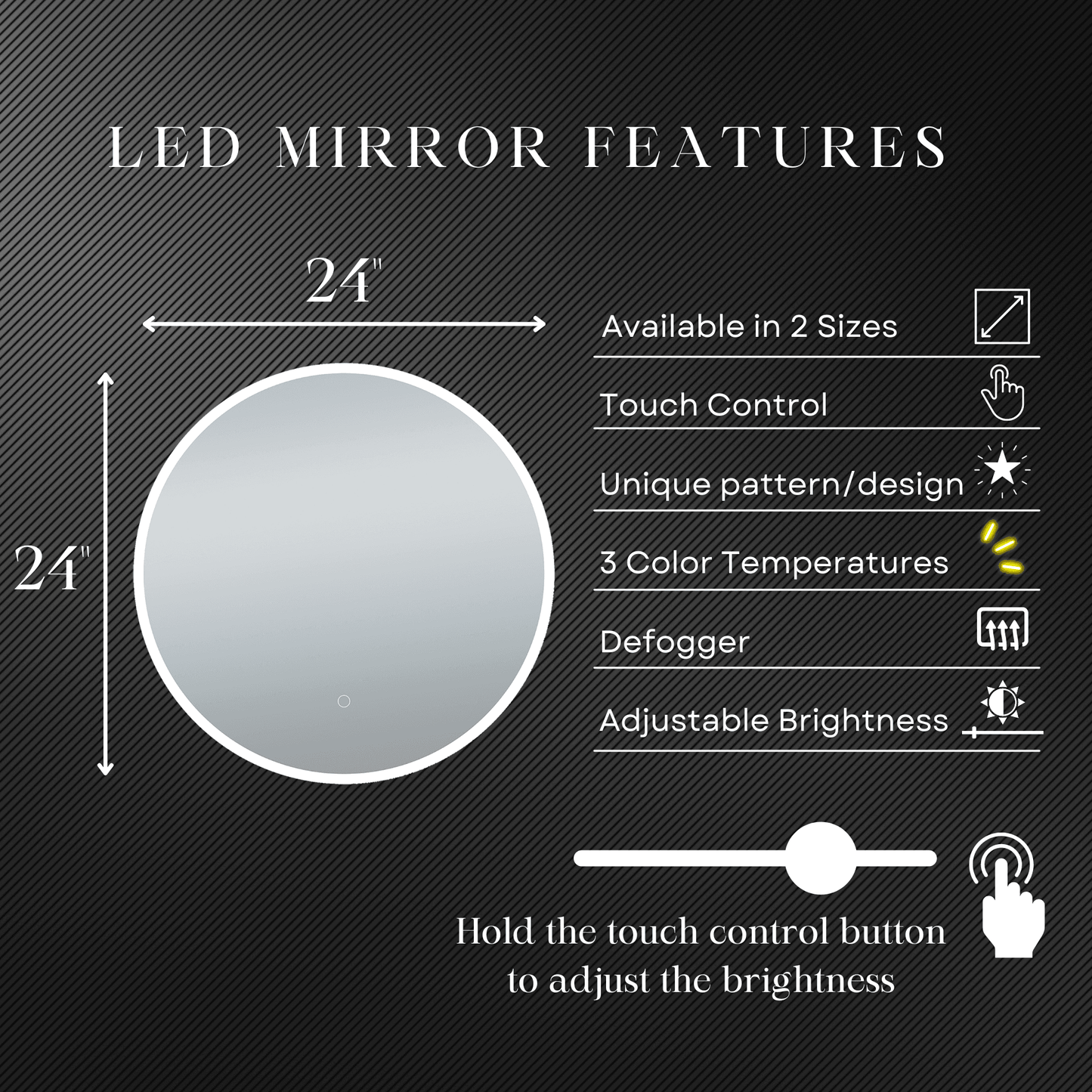 Onyx Round Frameless LED Mirror with Defogger and Integrated Touch Switch - Available in 2 Sizes