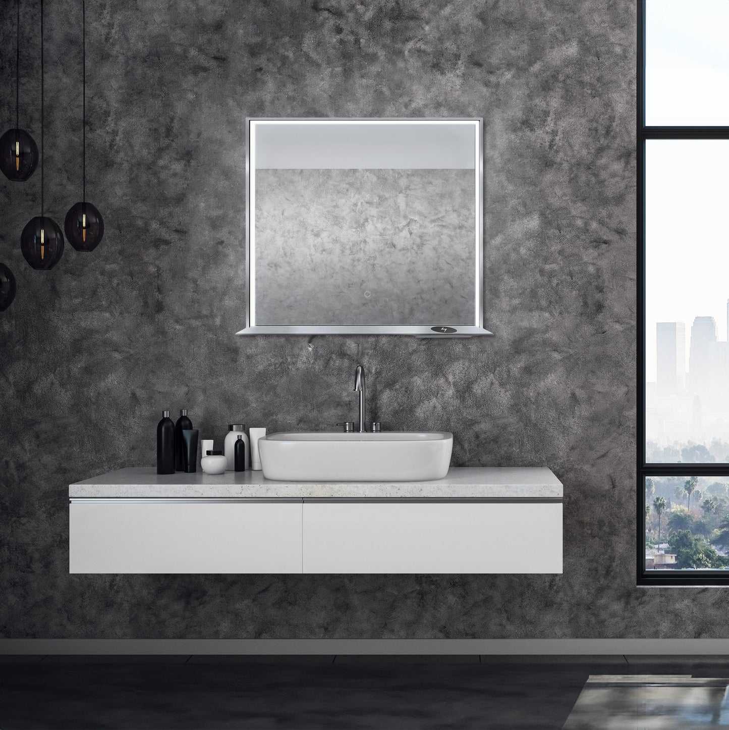 Allegra 36"W x 32"H Framed LED Mirror with Bluetooth Speaker and Wireless Cell Phone Charger - Available in 3 colors