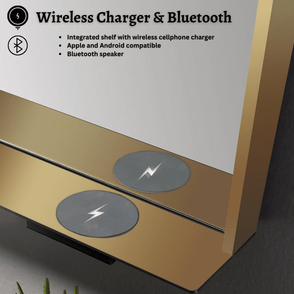 The Allegra 24" W x 32" H Framed LED Mirror with Bluetooth Speaker and Wireless Cell Phone Charger; Available in 3 colors