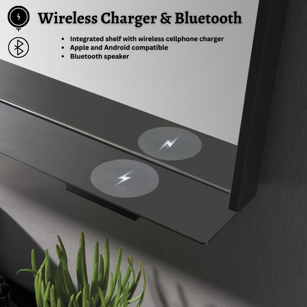Allegra 36"W x 32"H Framed LED Mirror with Bluetooth Speaker and Wireless Cell Phone Charger - Available in 3 colors