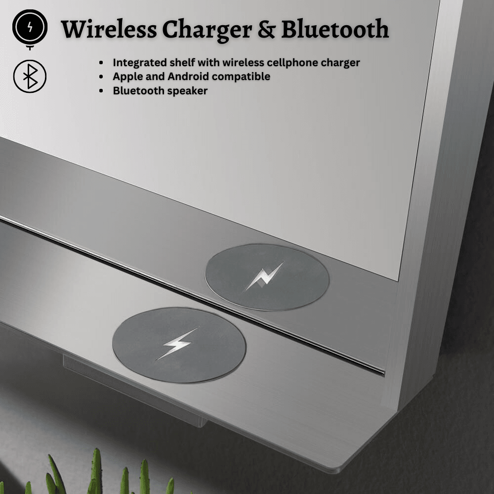 The Allegra 24" W x 32" H Framed LED Mirror with Bluetooth Speaker and Wireless Cell Phone Charger; Available in 3 colors