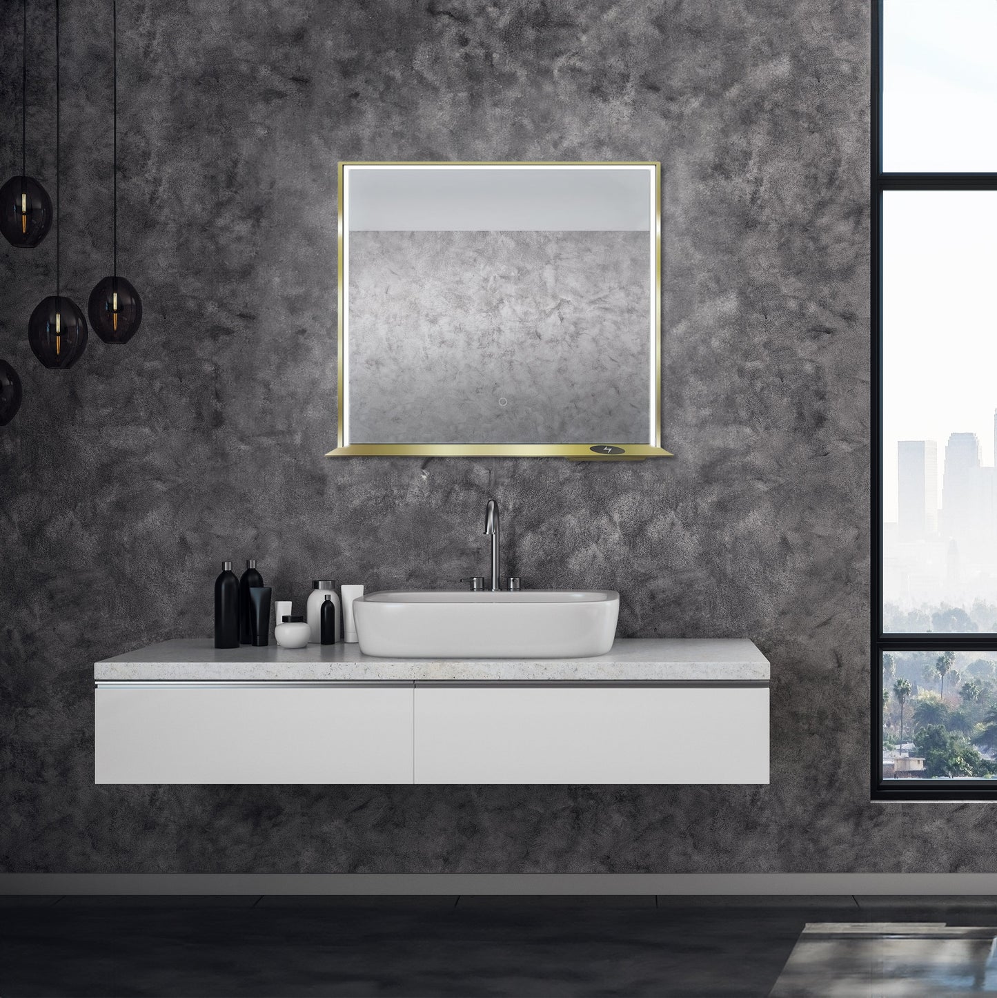 Allegra 36"W x 32"H Framed LED Mirror with Bluetooth Speaker and Wireless Cell Phone Charger - Available in 3 colors