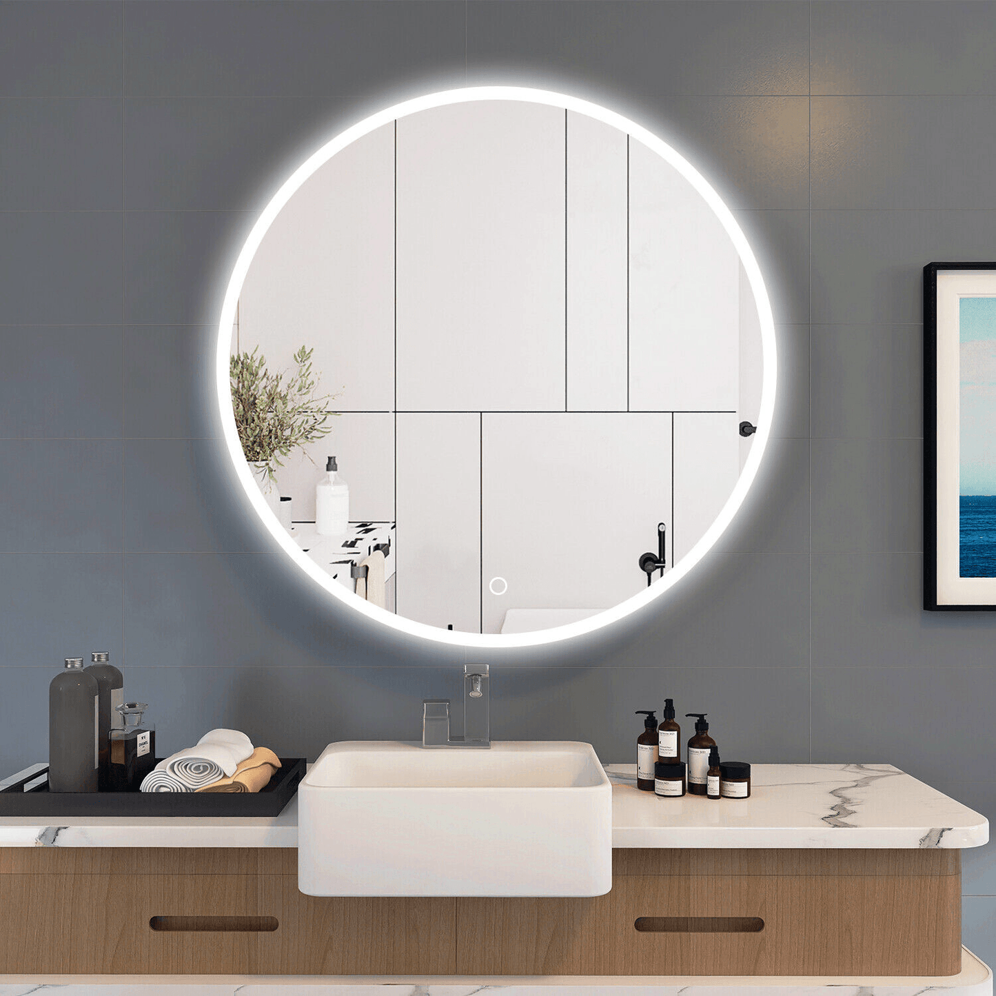 Onyx Round Frameless LED Mirror with Defogger and Integrated Touch Switch - Available in 2 Sizes